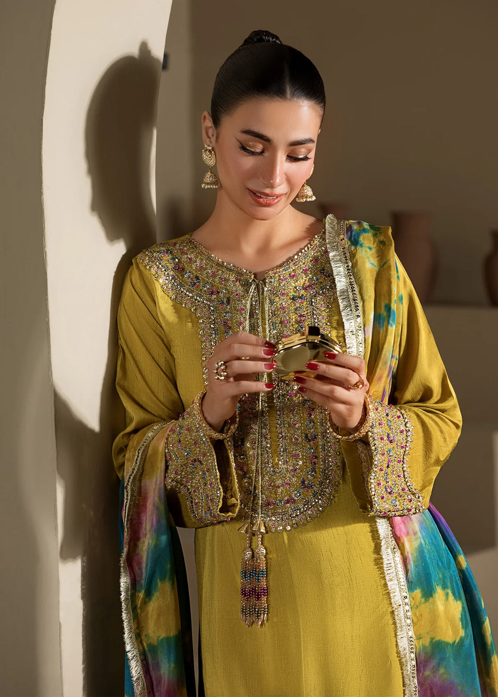3 piece Short Shirt & Farshi Shalwar with Tie-Dye Medium Silk Dupatta – Heavy Embroidery & Embellished Ensemble