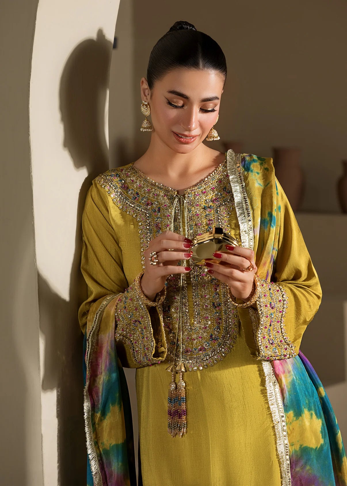 3 piece Short Shirt & Farshi Shalwar with Tie-Dye Medium Silk Dupatta – Heavy Embroidery & Embellished Ensemble
