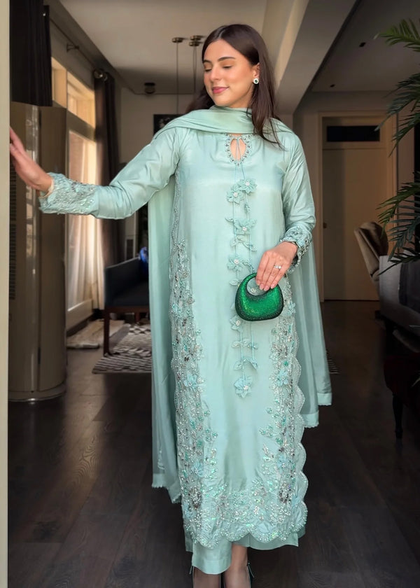 Mint Green Embroidered Raw Silk 3 Piece Suit Set with Medium Silk Dupatta – Festive Party Wear Long Kurta Outfit