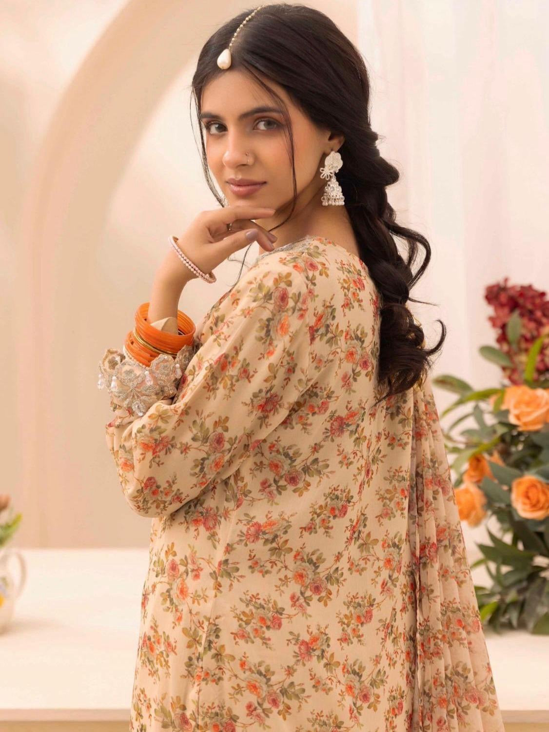 Simrans Baroque inspired Chiffon Embroidered Pakistani Suit - Elegant Floral Print & Festive Eid Wear for Women, Lightweight & Comfortable