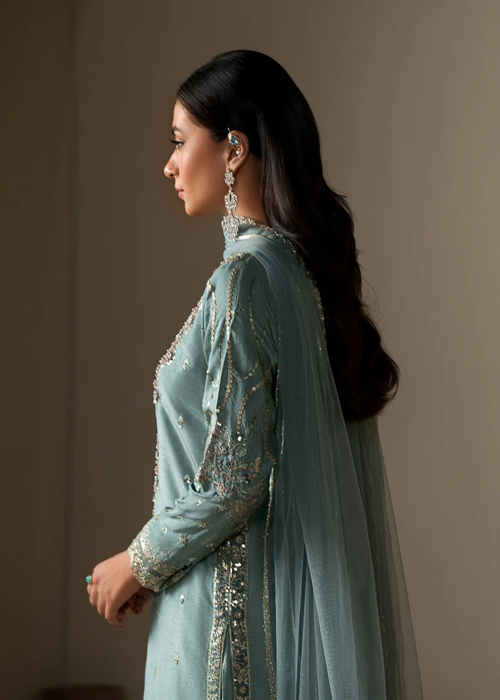 Ice Blue lue Embroidered 3-Piece Suit – KH Raw Silk Kurta, Flared Trouser & Net Dupatta