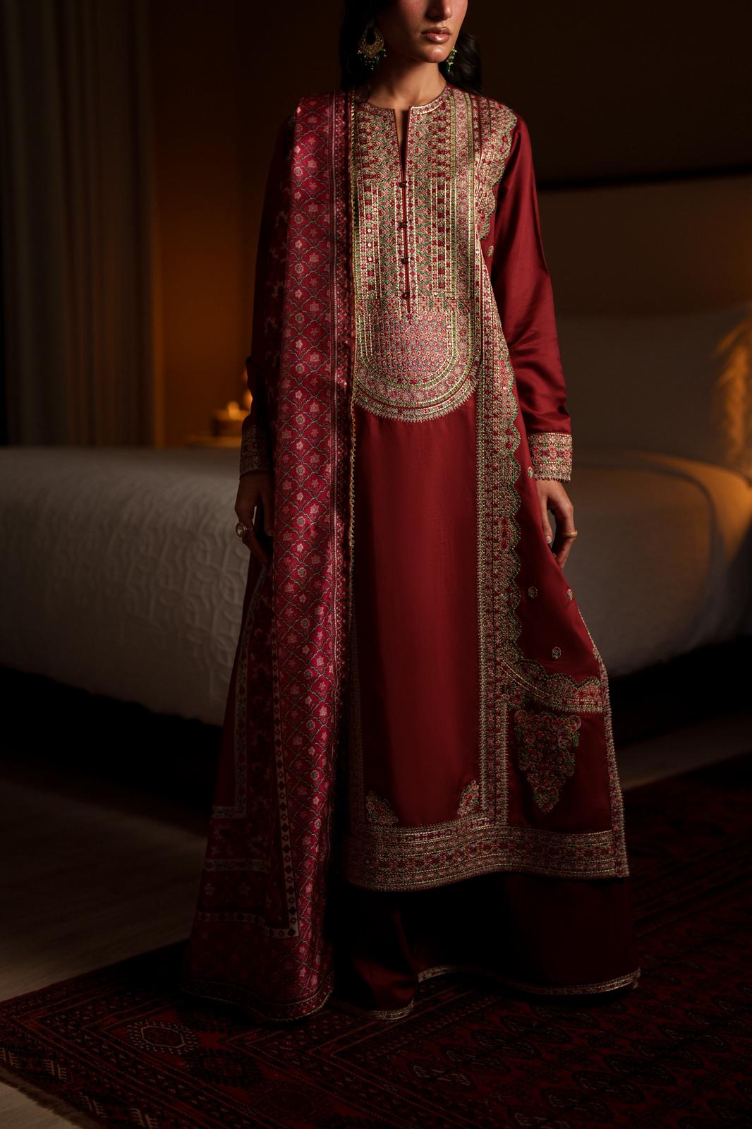 Casual Lite Luxury Festive Drop EALA Premium Silk Viscose 3 Piece Printed Dupatta Embroidered with Sequin Work and Lace for Modern Elegance