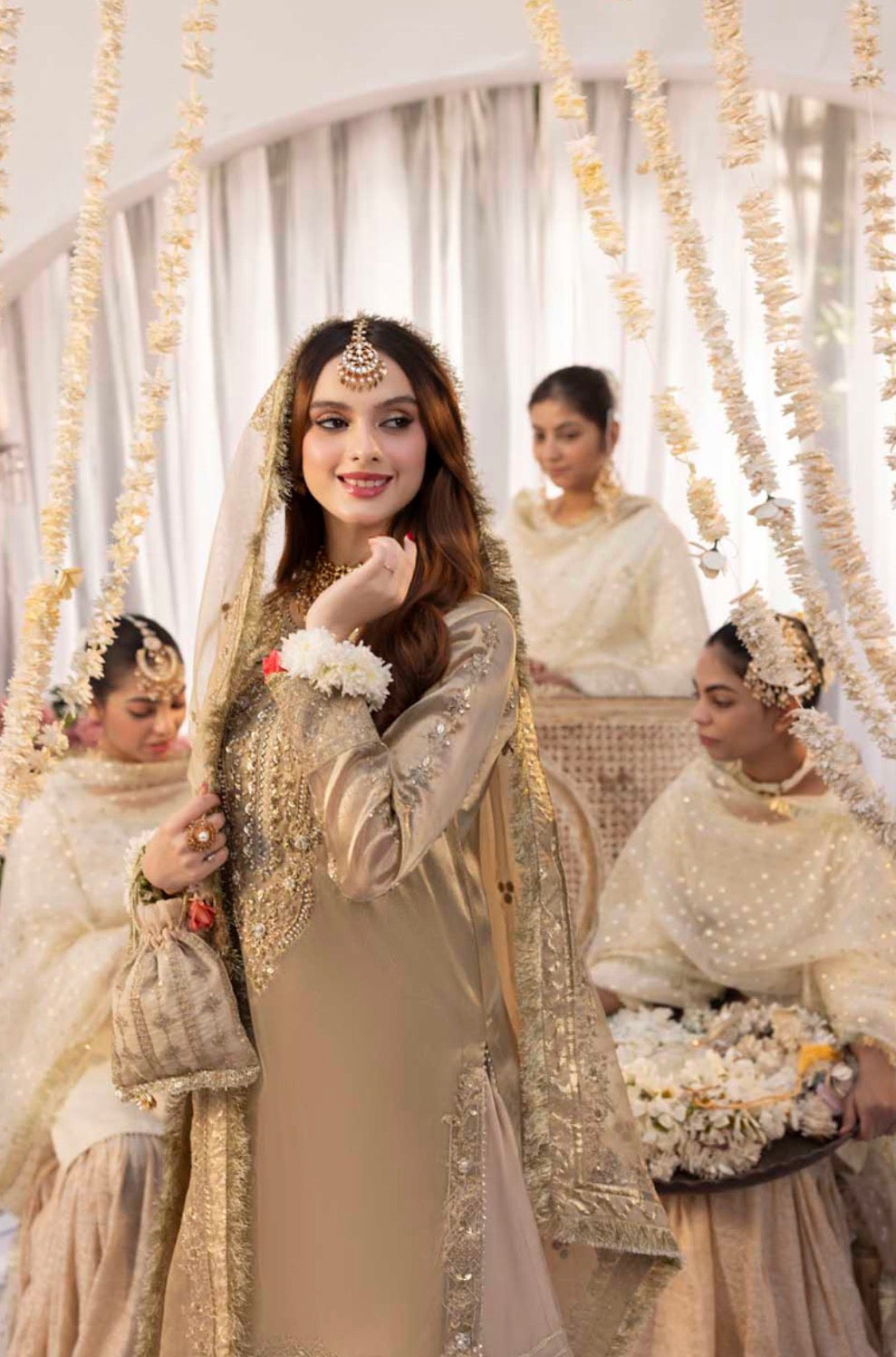 Mesouri Sequin & Resham Embroidered Gharara Gold Luxury Ensemble
