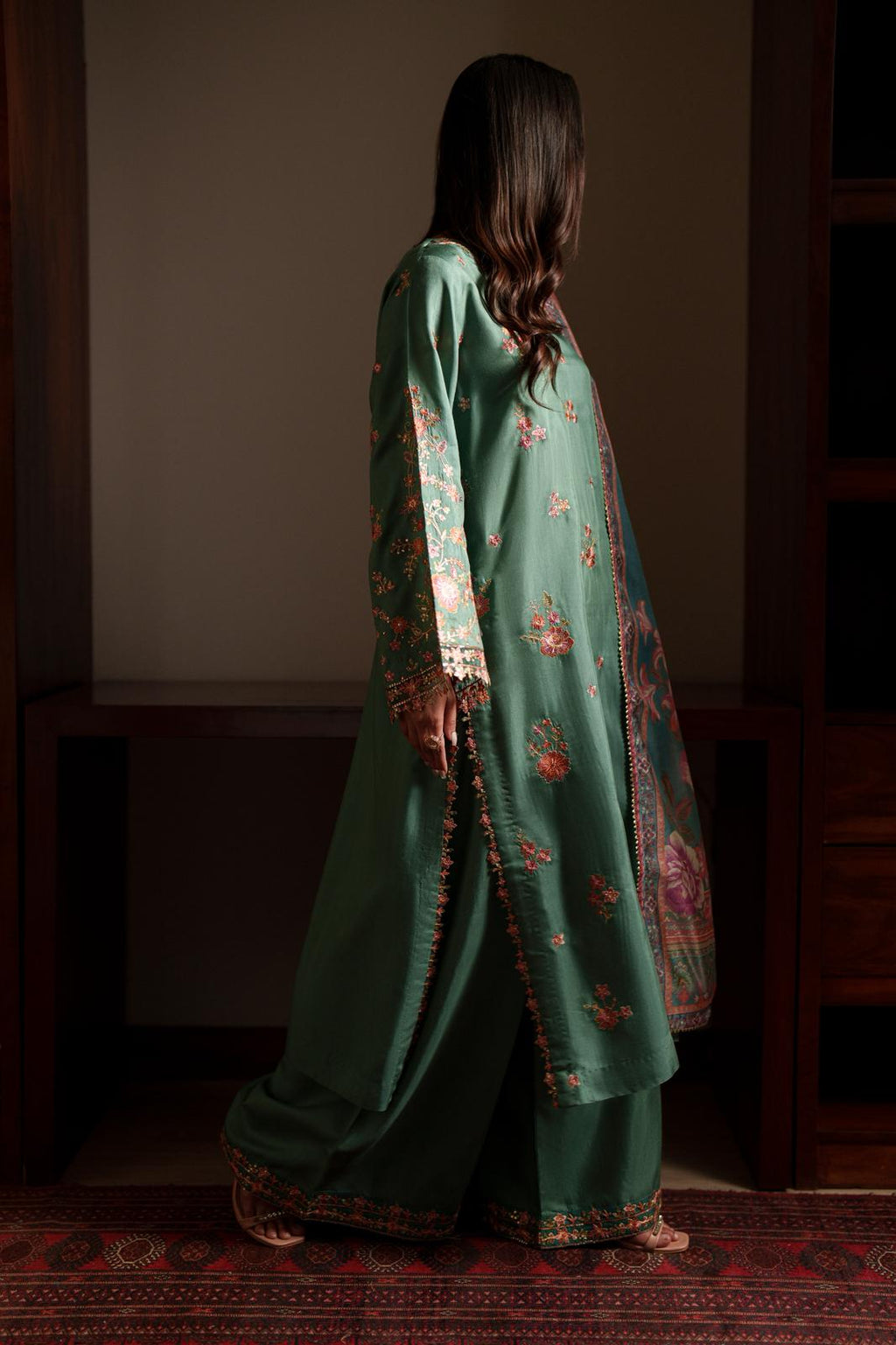 Casual Lite Luxury Festive Drop EALA Premium Silk Viscose 3 Piece Printed Dupatta Embroidered with Sequin Work and Lace for Modern Elegance