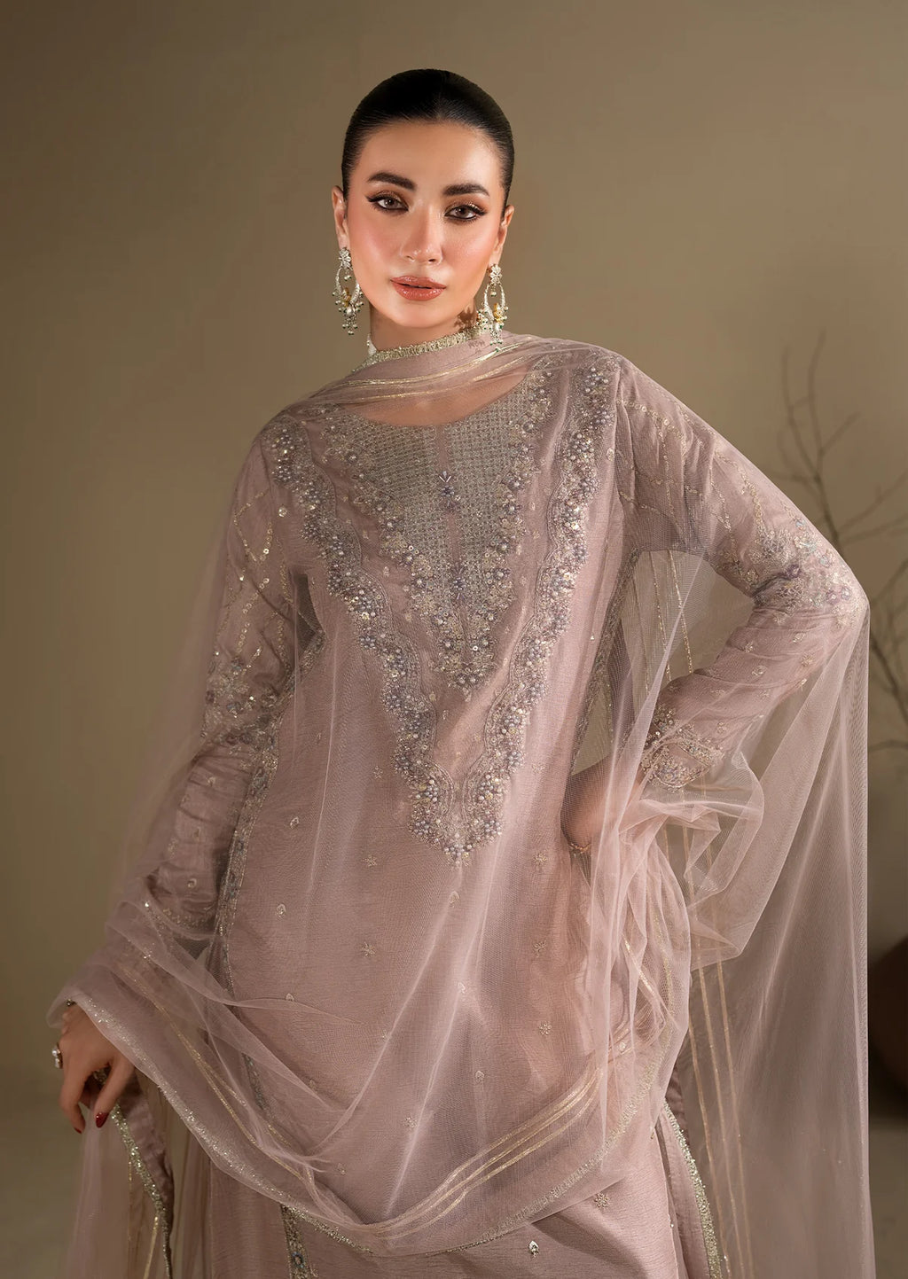 Lilac Embroidered 3-Piece Suit – KH Raw Silk Kurta, Flared Trouser & Net Dupatta