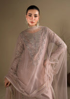 Lilac Embroidered 3-Piece Suit – KH Raw Silk Kurta, Flared Trouser & Net Dupatta