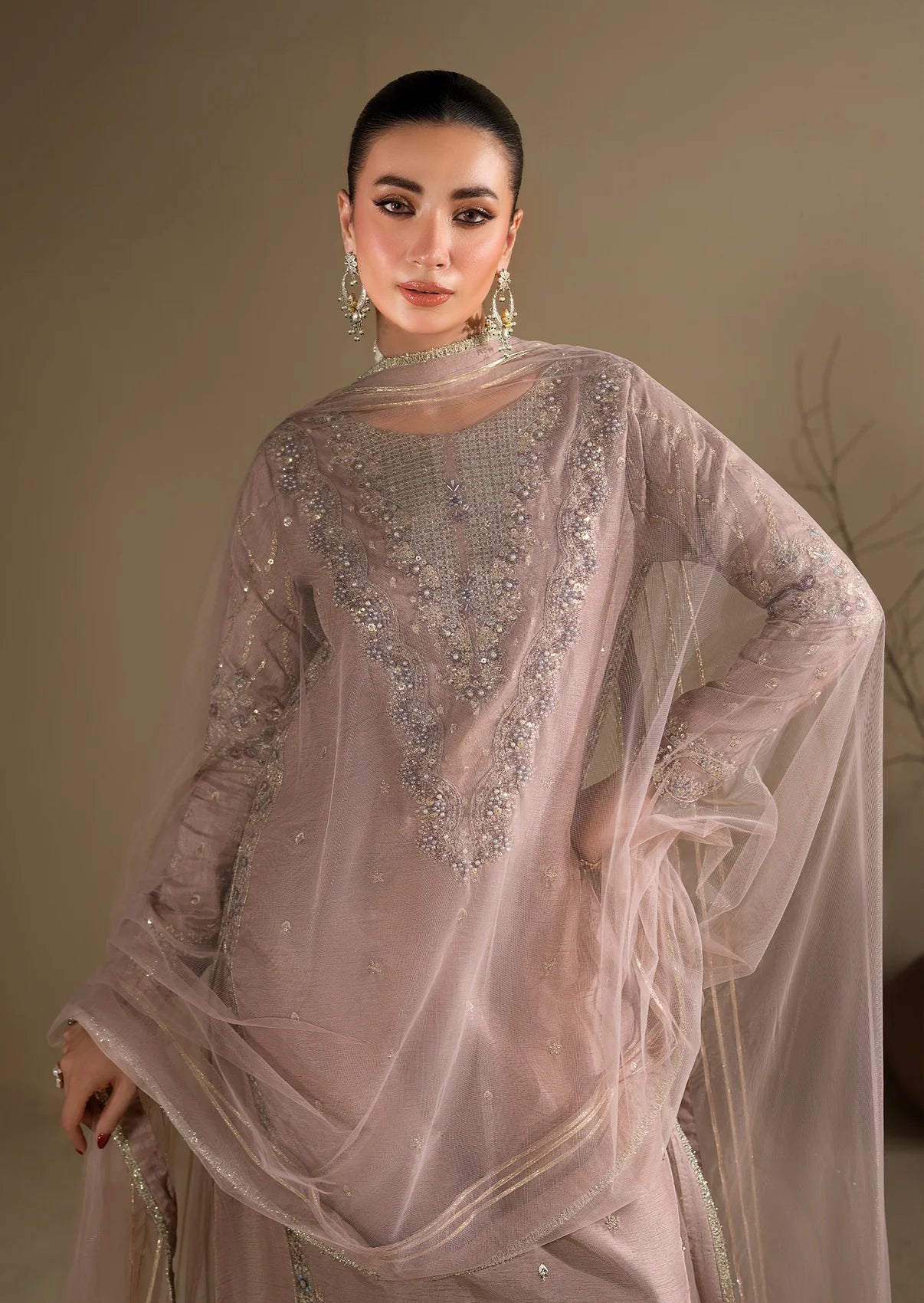 Lilac Embroidered 3-Piece Suit – KH Raw Silk Kurta, Flared Trouser & Net Dupatta