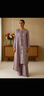 Lilac Embroidered Raw Silk 3 Piece Suit Set with Medium Silk Dupatta – Festive Party Wear Long Kurta Outfit