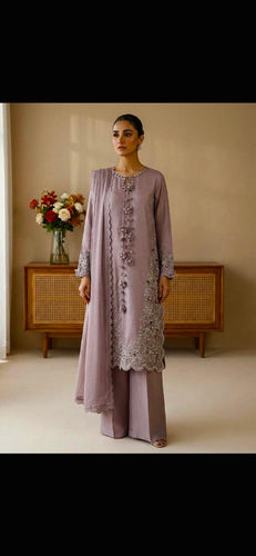 Lilac Embroidered Raw Silk 3 Piece Suit Set with Medium Silk Dupatta – Festive Party Wear Long Kurta Outfit