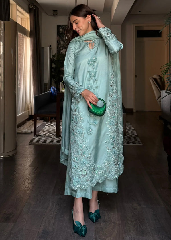 Mint Green Embroidered Raw Silk 3 Piece Suit Set with Medium Silk Dupatta – Festive Party Wear Long Kurta Outfit
