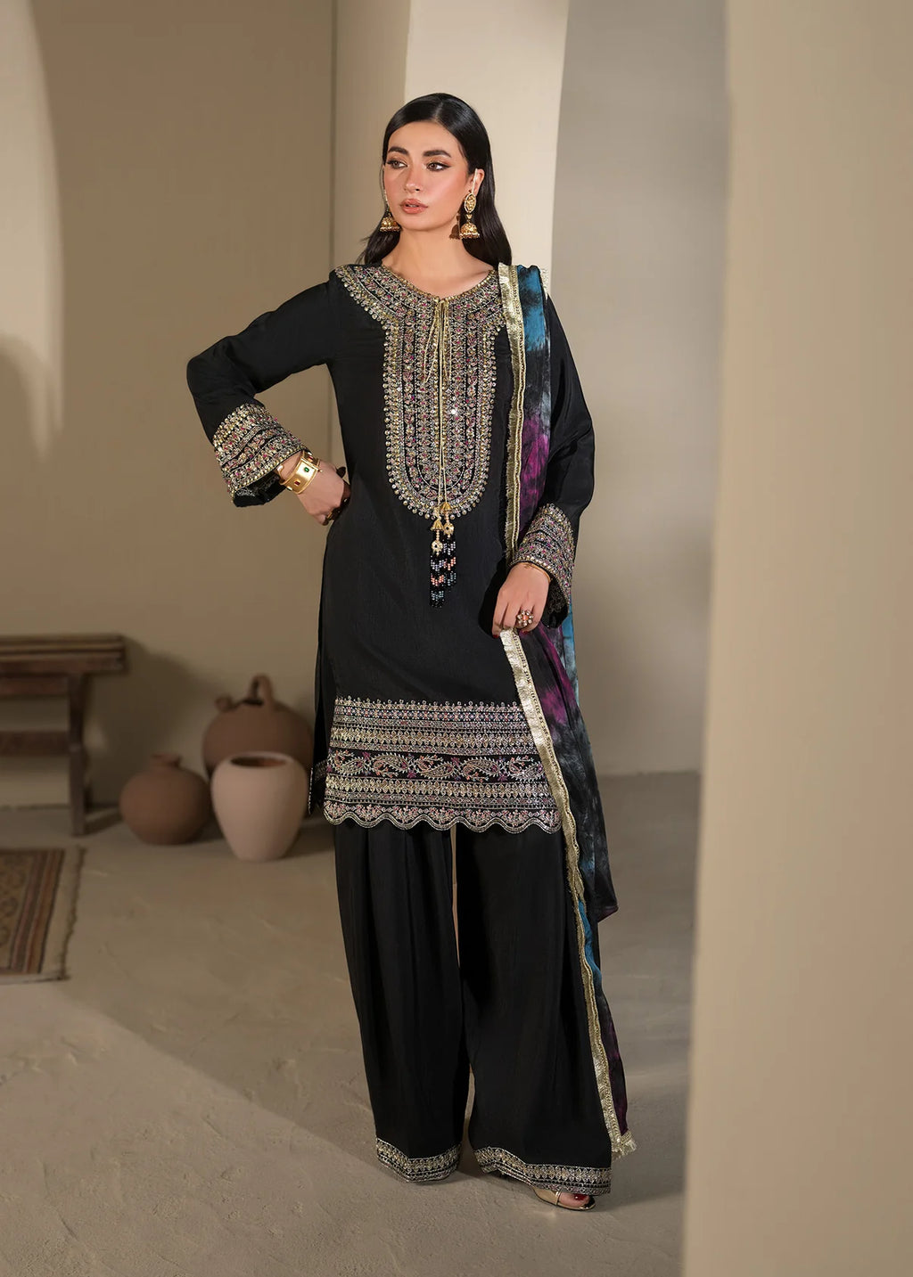 3 piece Black Short Shirt & Farshi Shalwar with Tie-Dye Medium Silk Dupatta – Heavy Embroidery & Embellished Ensemble