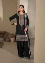 3 piece Black Short Shirt & Farshi Shalwar with Tie-Dye Medium Silk Dupatta – Heavy Embroidery & Embellished Ensemble