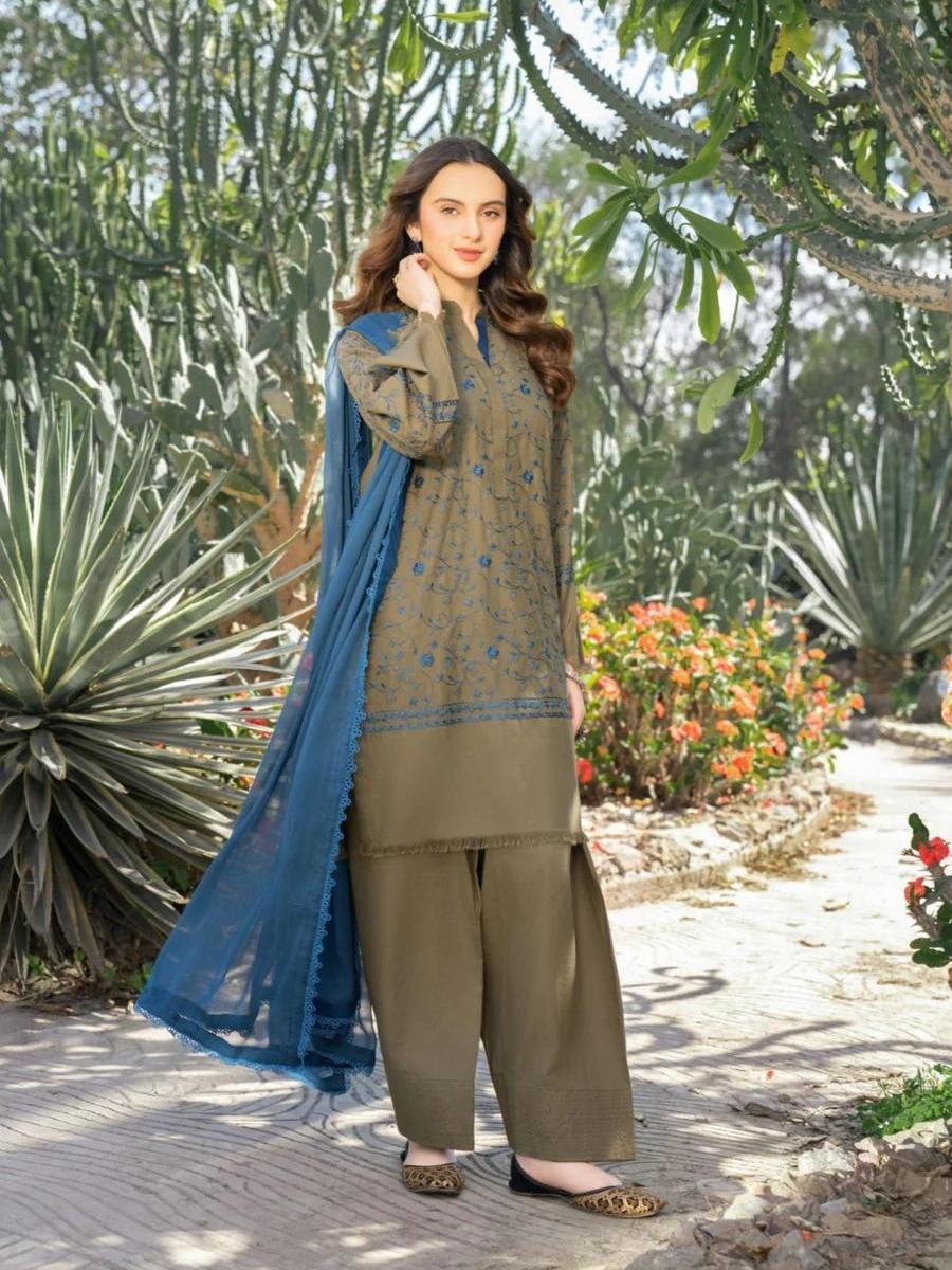 Mahnoor 3 Piece Lilen Embroidered Farshi Suit with Chiffon Dupatta