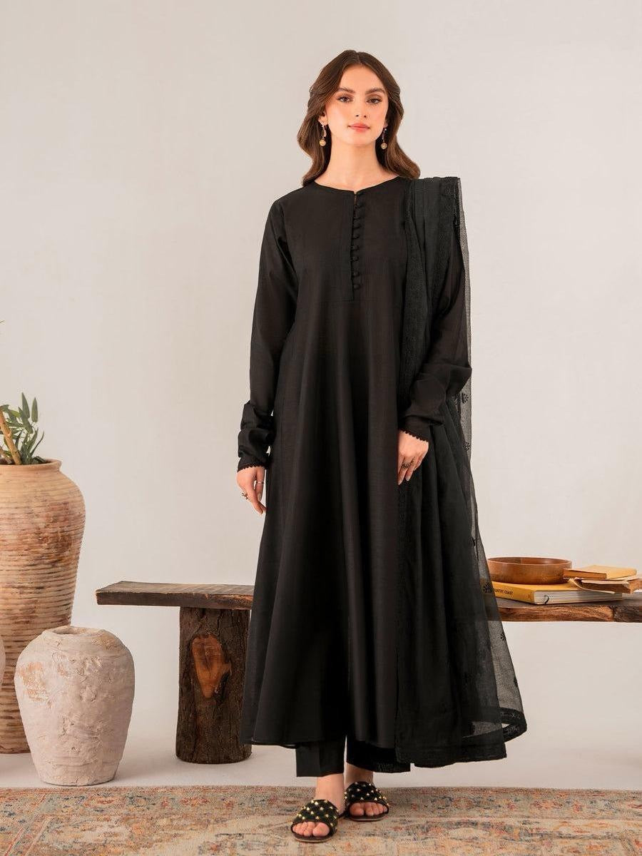 Salenmore | Panache Apparel Black Chambray Kattan Embroidered dupatta 3‑Piece Suit spring summer – Pakistani women's wear | Traditional Dress |