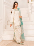 Ivory Embroidered Raw Silk Kurta Set with Farshi Shalwar & Organza Dupatta – 3 Piece Eastern Wear
