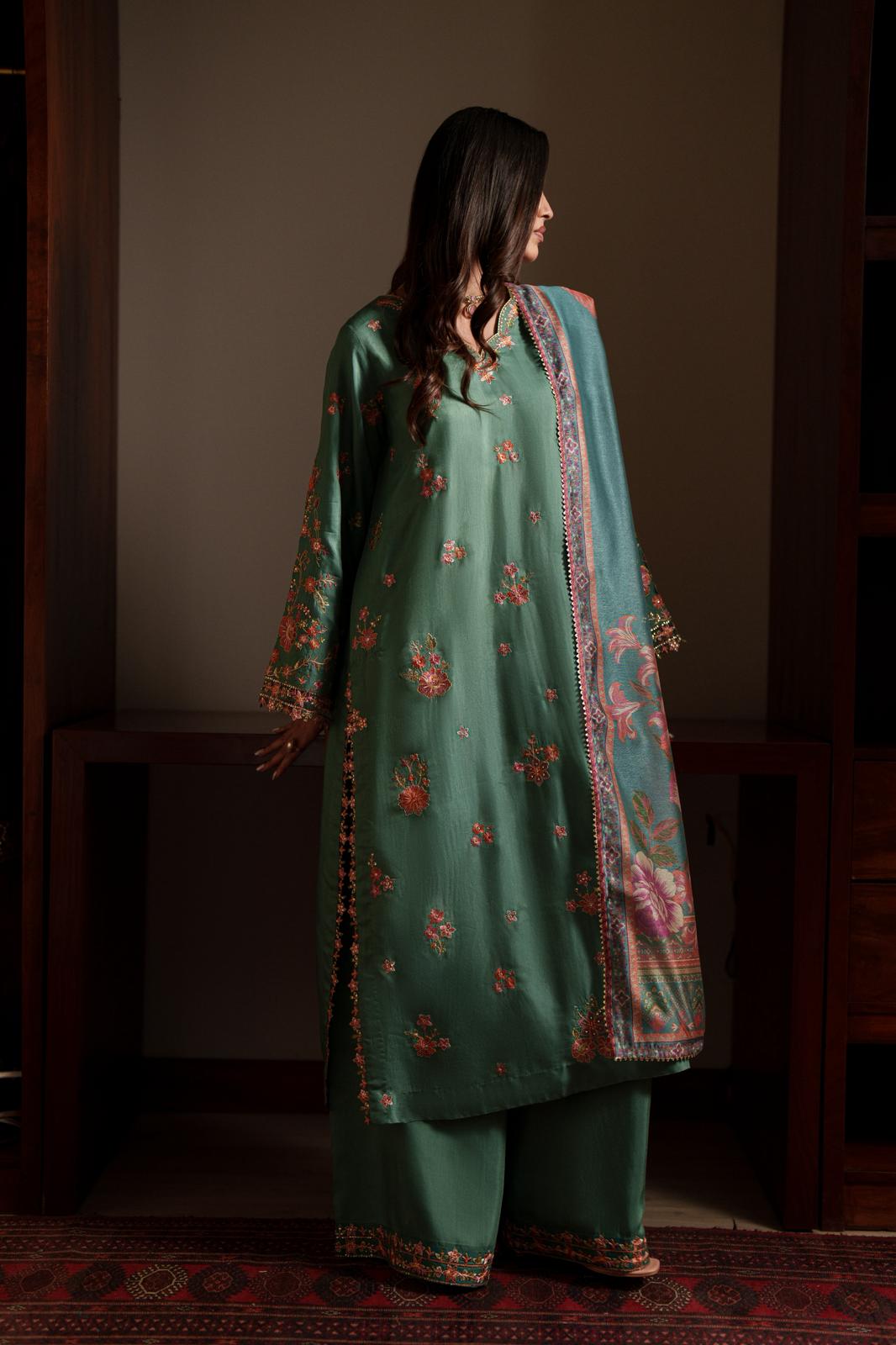 Casual Lite Luxury Festive Drop EALA Premium Silk Viscose 3 Piece Printed Dupatta Embroidered with Sequin Work and Lace for Modern Elegance