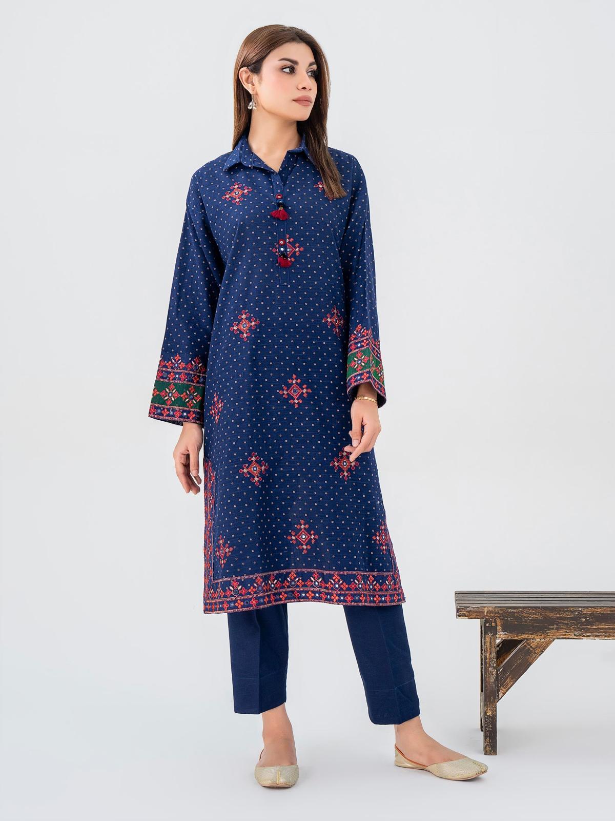 Limelight Original Slub Khaddar Suit with Printed Embroidered Shirt and Dyed Trouser in Blue