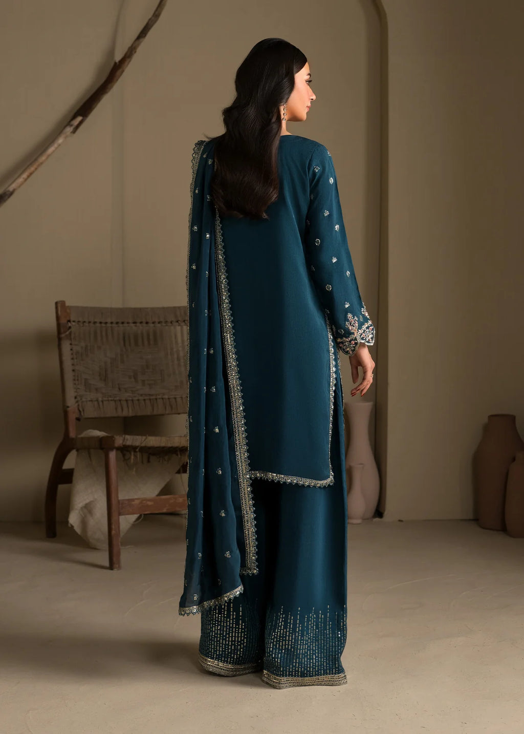 Embroidered Shirt with Flared Trousers & Silk Dupatta – Heavy Embroidery & Embellished 3-Piece Ensemble