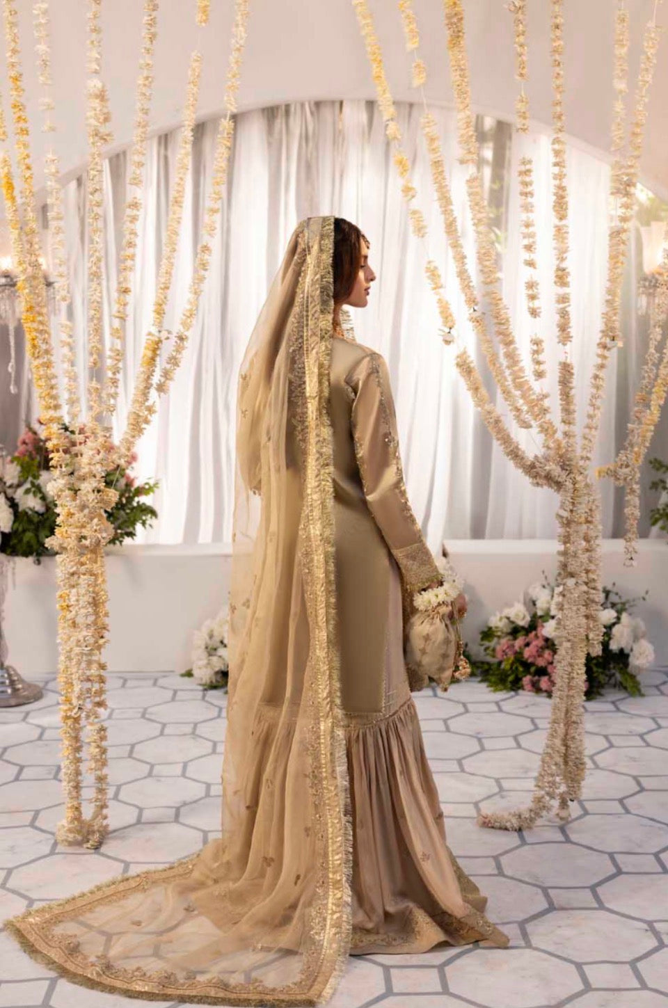 Mesouri Sequin & Resham Embroidered Gharara Gold Luxury Ensemble