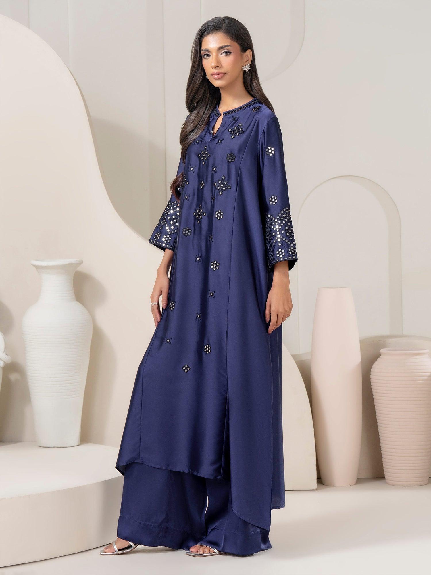 Limelight 2 Piece Set Sky Blue Silk Shirt with Flowy Collared V-neck & Wide-leg Trousers with Elastic Waistband Womenswear - Printed