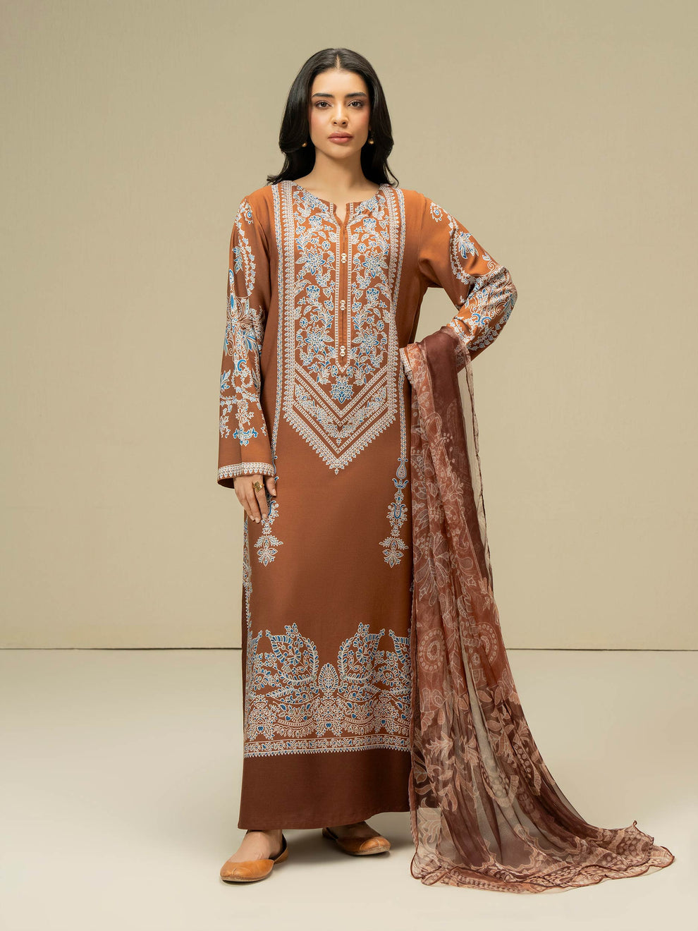 Salenmore | Limelight 3 Piece Printed Linen Suit with Chiffon Dupatta – Brown | Winter Pret Collection | Pakistani Clothing UK – Pakistani women's wear | Salwar Kameez | Large