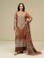 Salenmore | Limelight 3 Piece Printed Linen Suit with Chiffon Dupatta – Brown | Winter Pret Collection | Pakistani Clothing UK – Pakistani women's wear | Salwar Kameez | Large