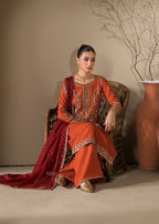 3 pc Long Kurta & Flared Trouser Set with Bindi Chiffon Dupatta – Heavy Embroidery & Embellishment Rust Korean Raw Silk