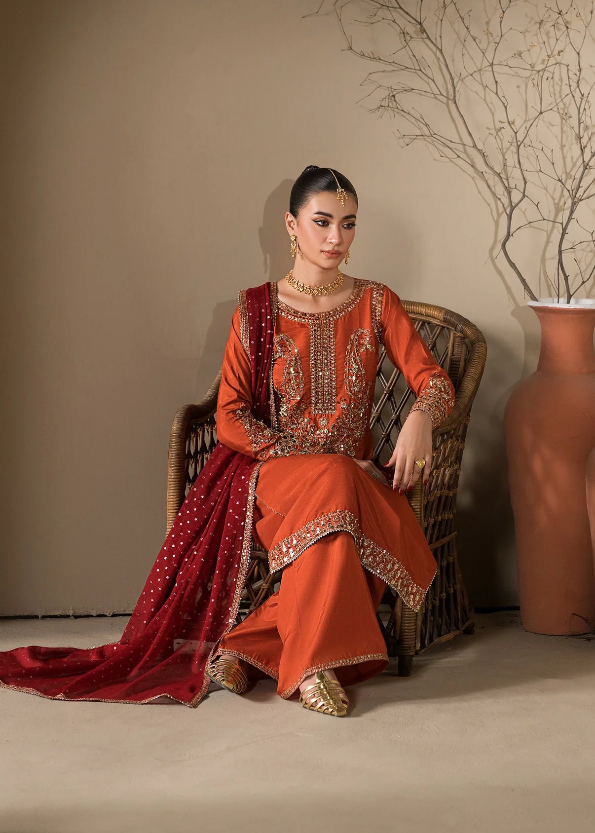 3 pc Long Kurta & Flared Trouser Set with Bindi Chiffon Dupatta – Heavy Embroidery & Embellishment Rust Korean Raw Silk