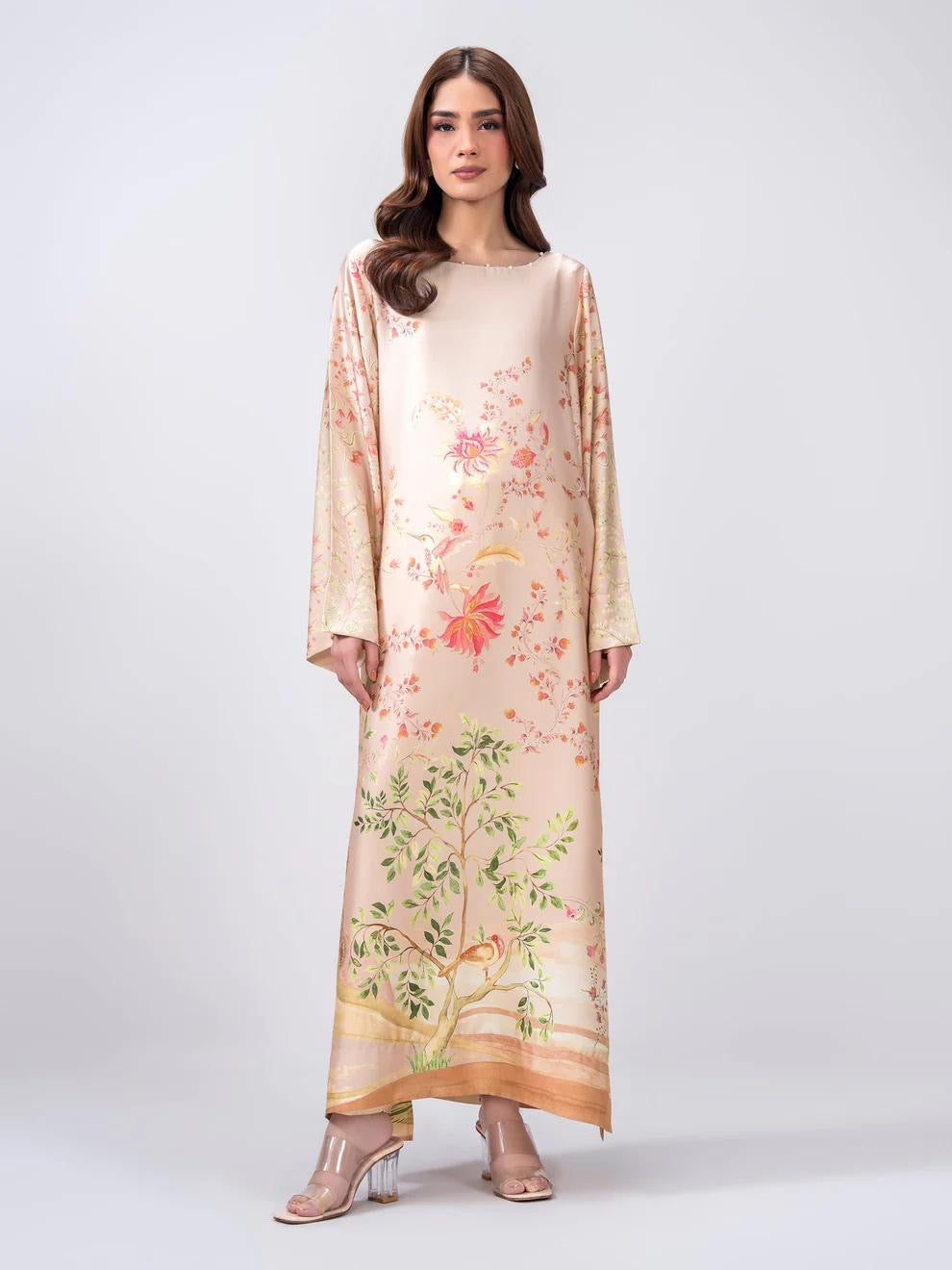 Limelight 2 Piece Set - Pink Silk Shirt with Boat Neckline & Trousers with Elastic Waistband