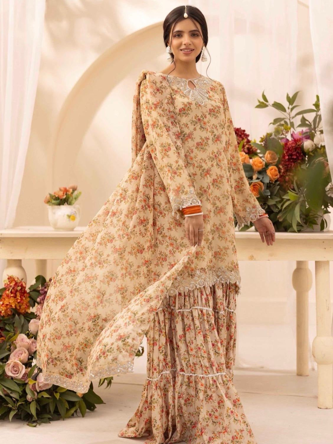 Simrans Baroque inspired Chiffon Embroidered Pakistani Suit - Elegant Floral Print & Festive Eid Wear for Women, Lightweight & Comfortable