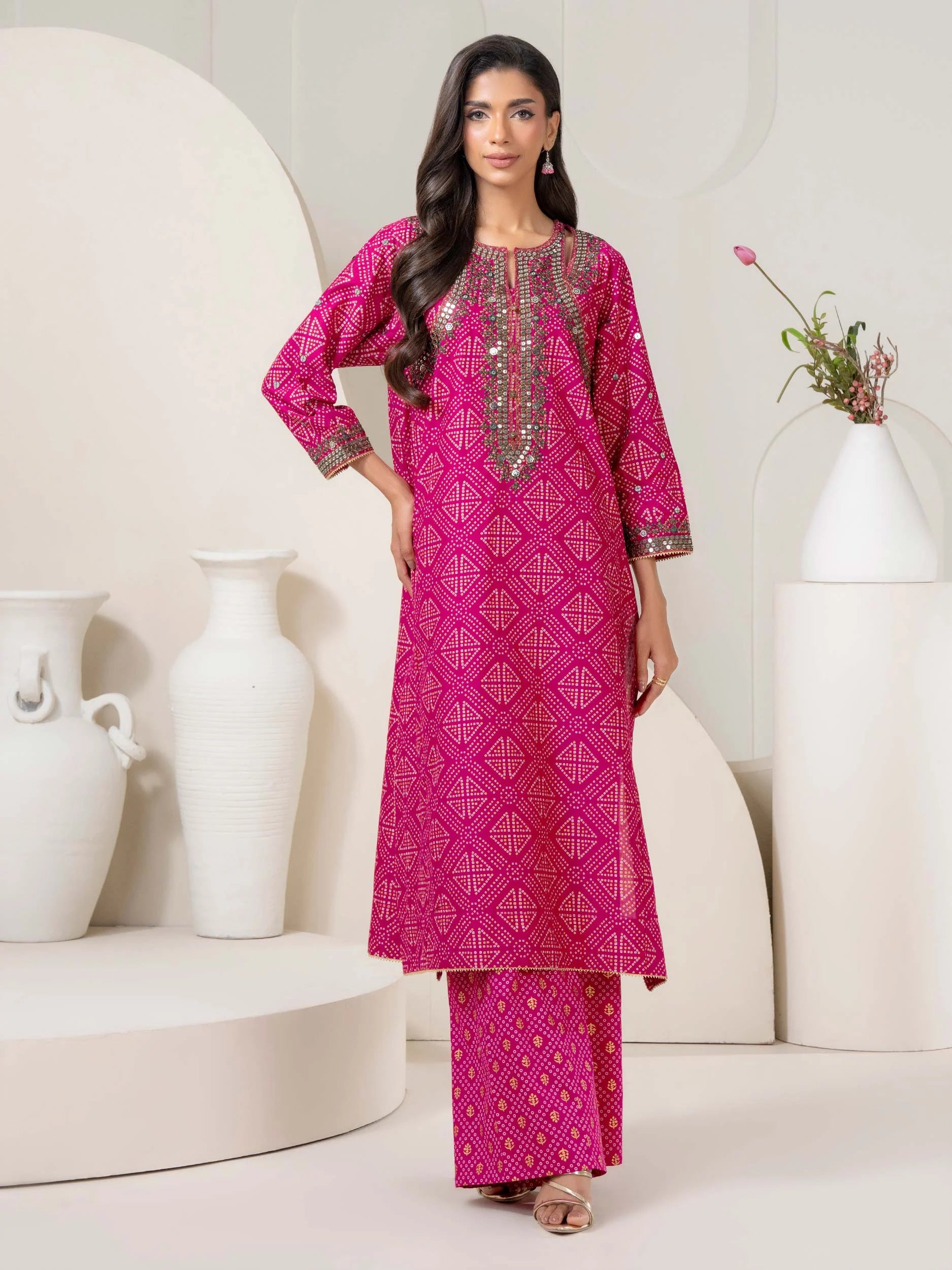Limelight 2 Piece Embroidered Paste-print Shirt & Pink Cambric Wide-leg Trousers Set - Lace Womenswear