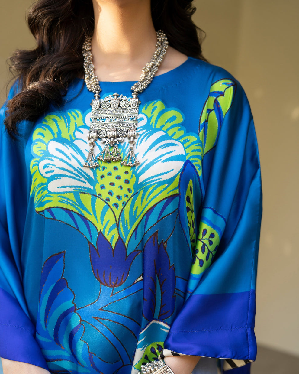 Karma 3 piece Kaftan azure Blue Printed Shamoz Silk 3PC Suit – Elegant Long Shirt with Dupatta & Trouser
Inner included