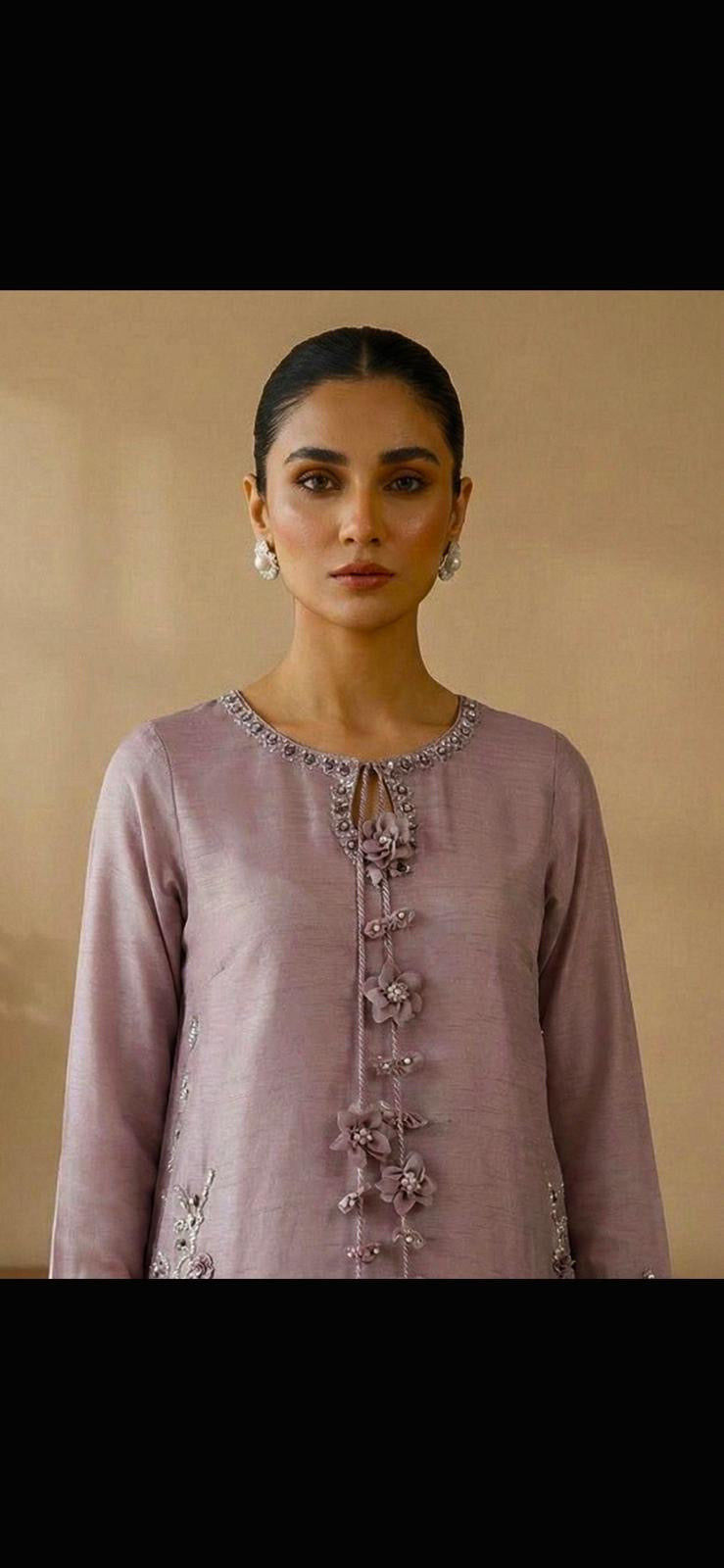 Lilac Embroidered Raw Silk 3 Piece Suit Set with Medium Silk Dupatta – Festive Party Wear Long Kurta Outfit