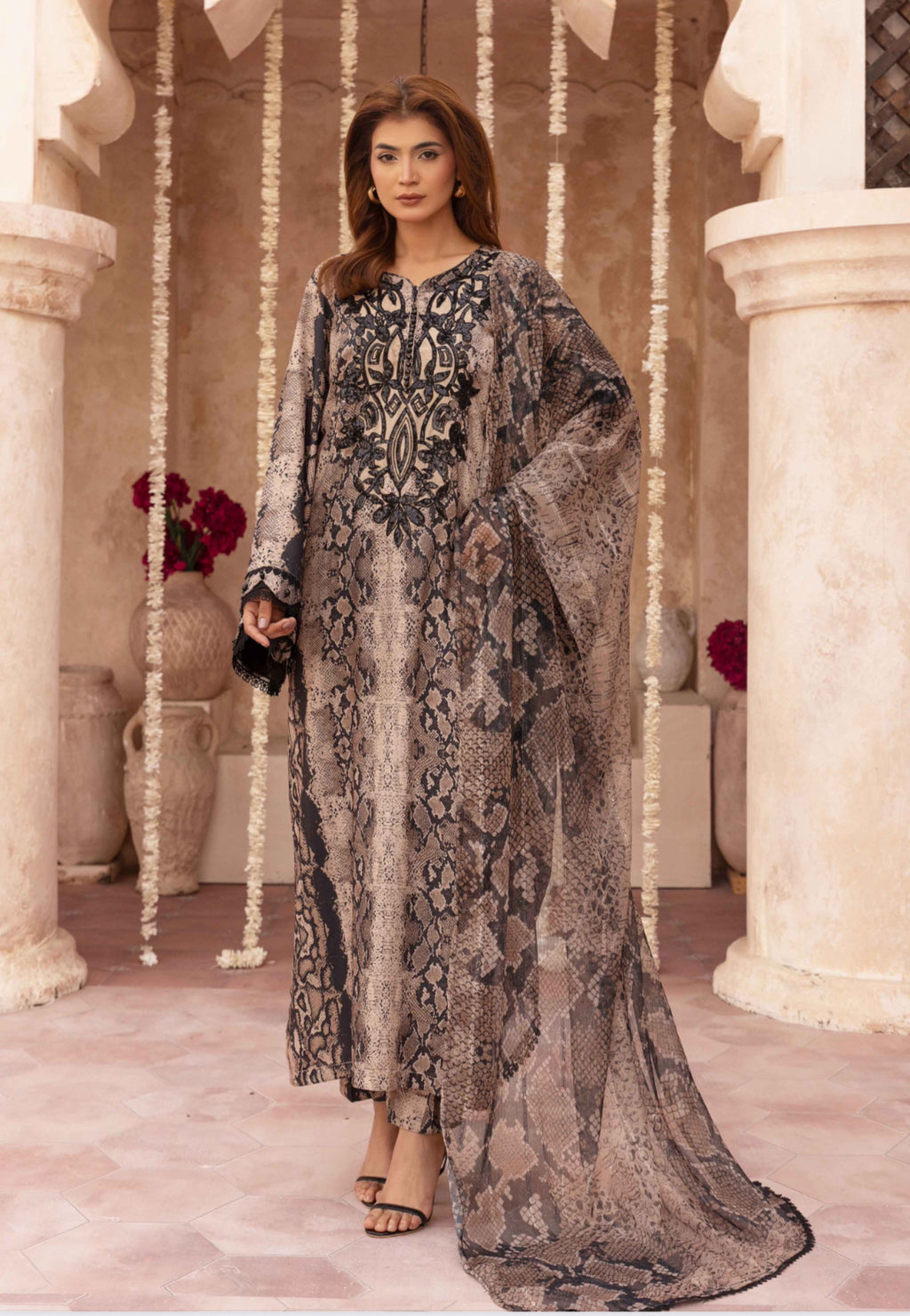 Simrans Maria B Kaftan Style Inspired Viscose Silk 3-Piece Suit – Beige & Black Printed Outfit with Embroidered Neckline