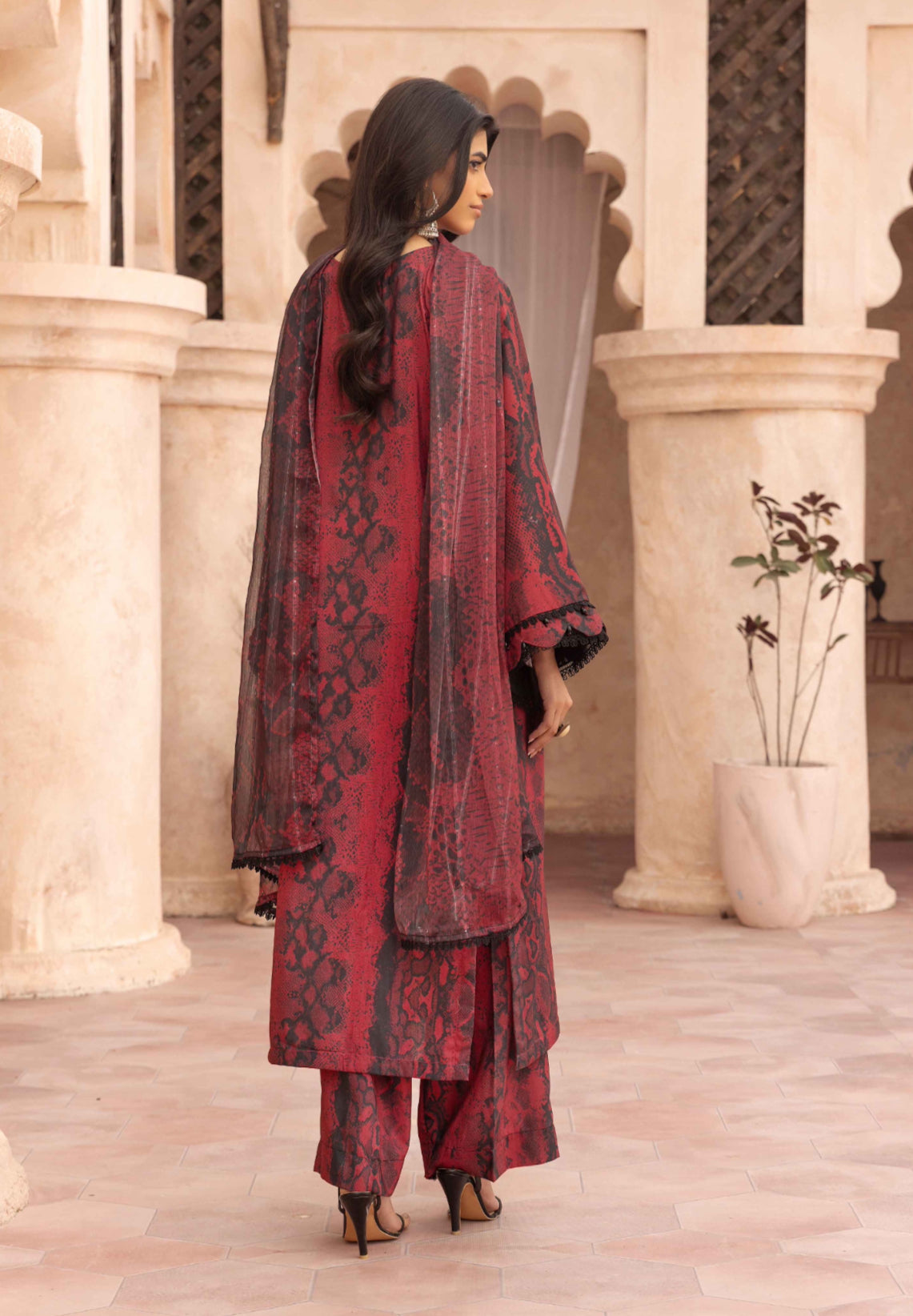 Simrans Maria B Inspired Viscose Silk – Red & Black Printed Ensemble with Embroidered Neckline