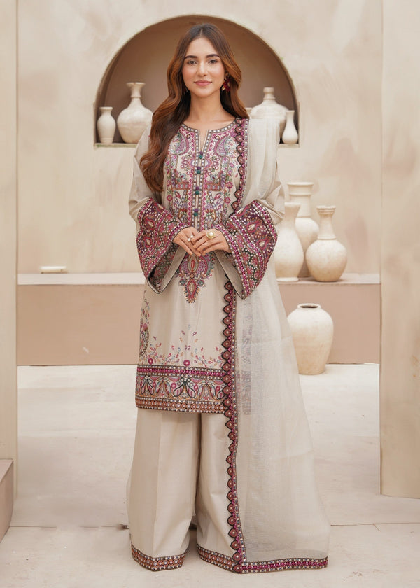 Beige Embroidered 3 Piece Lawn Suit with Trouser  & Organza Dupatta