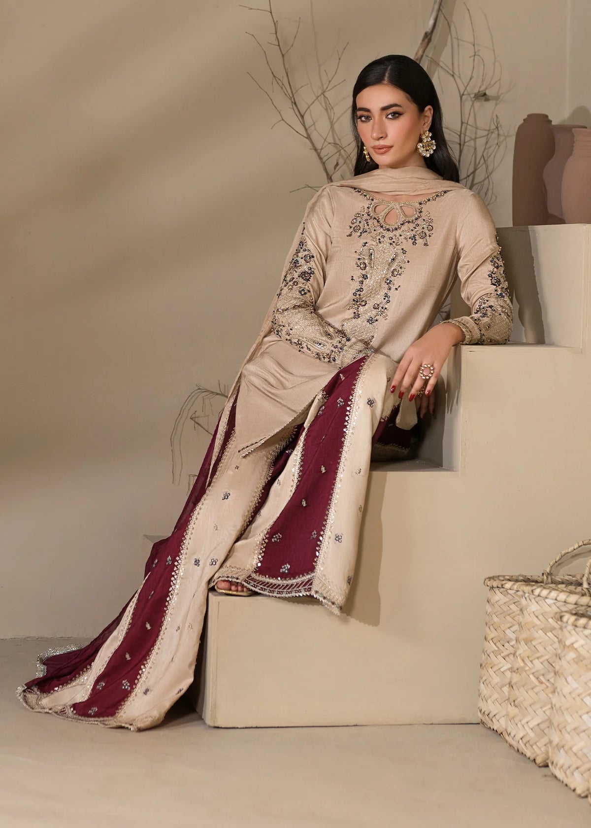 Embroidered Shirt with Two-Toned Sharara & Medium Silk Dupatta – Heavy Embroidery & Embellished 3-Piece Ensemble