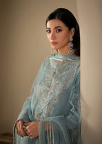 Ice Blue lue Embroidered 3-Piece Suit – KH Raw Silk Kurta, Flared Trouser & Net Dupatta