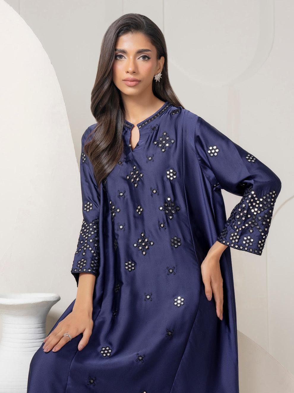 Limelight 2 Piece Set Sky Blue Silk Shirt with Flowy Collared V-neck & Wide-leg Trousers with Elastic Waistband Womenswear - Printed