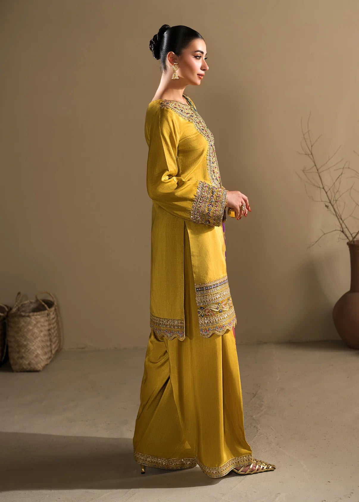 3 piece Short Shirt & Farshi Shalwar with Tie-Dye Medium Silk Dupatta – Heavy Embroidery & Embellished Ensemble