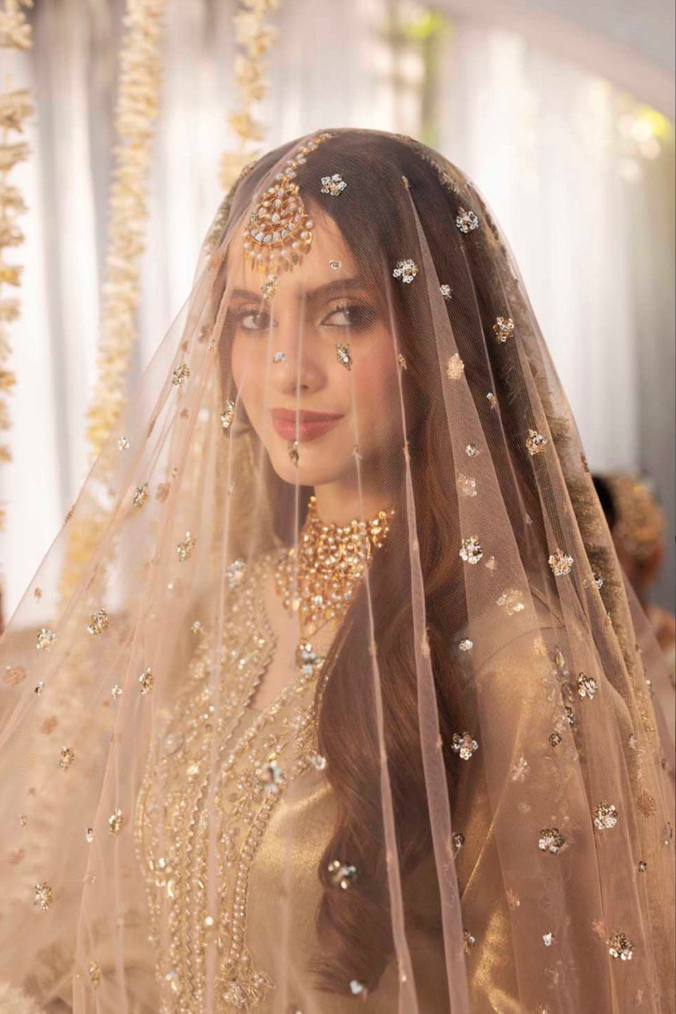 Mesouri Sequin & Resham Embroidered Gharara Gold Luxury Ensemble