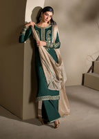 3 pc Long Kurta & Flared Trouser Set with Bindi Chiffon Dupatta – Heavy Embroidery & Embellishment Green Korean Raw Silk