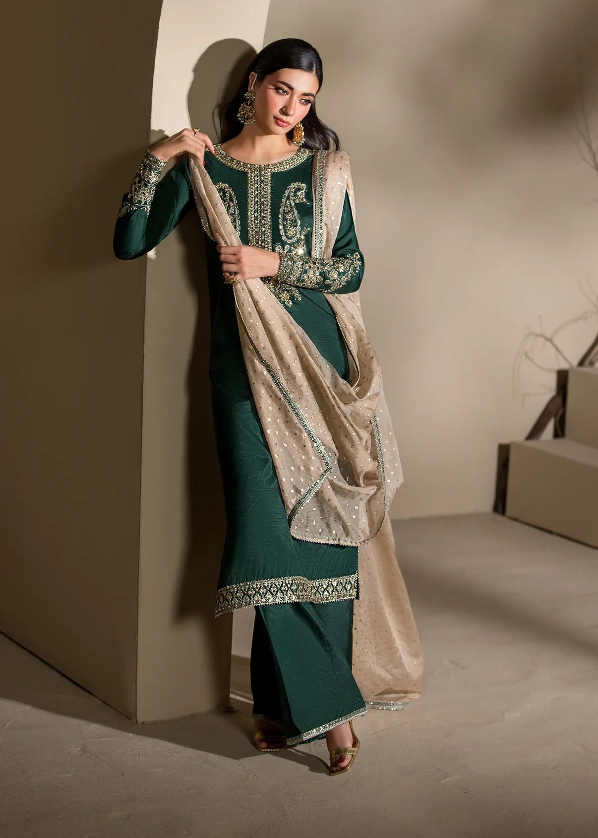 3 pc Long Kurta & Flared Trouser Set with Bindi Chiffon Dupatta – Heavy Embroidery & Embellishment Green Korean Raw Silk