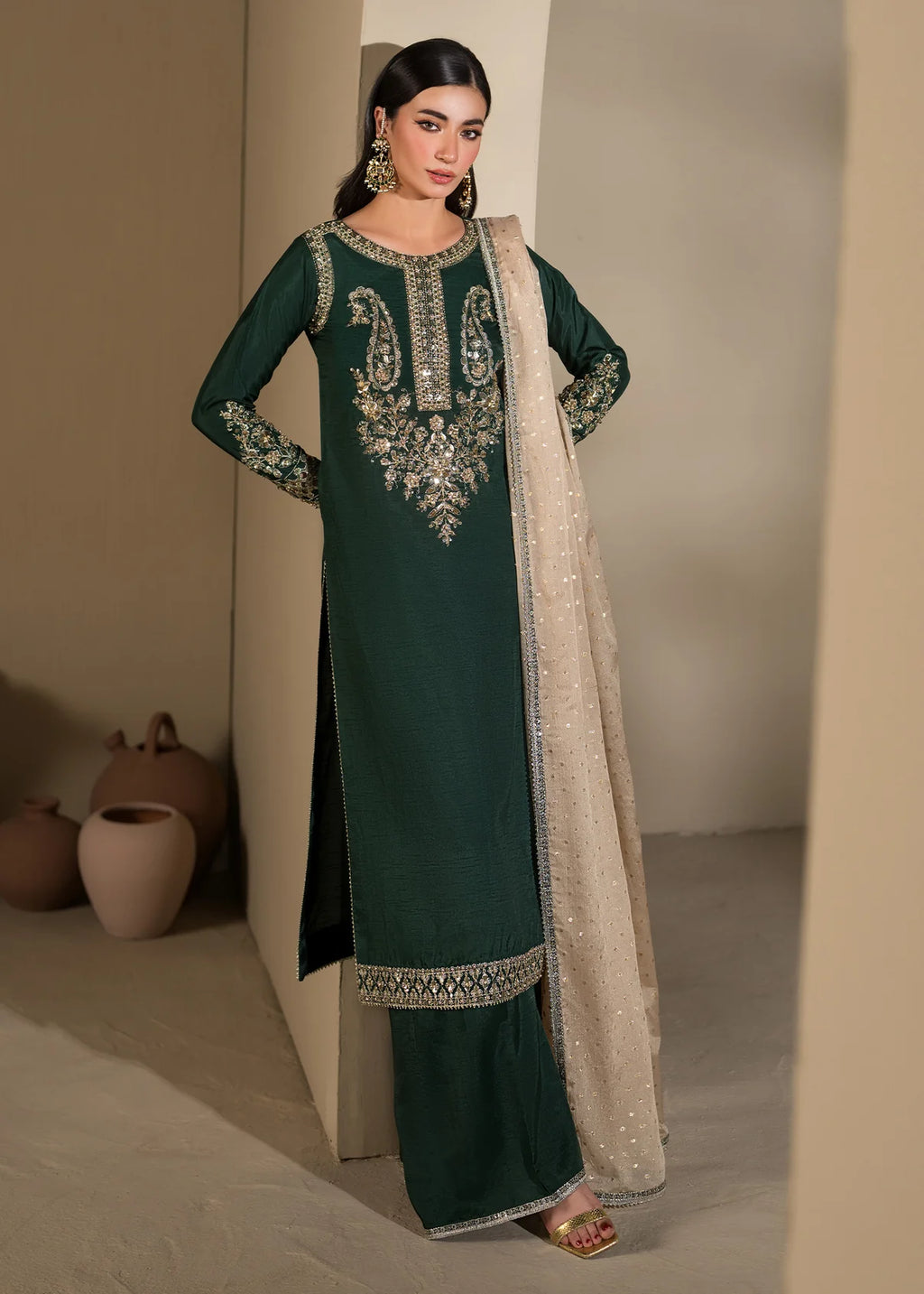 3 pc Long Kurta & Flared Trouser Set with Bindi Chiffon Dupatta – Heavy Embroidery & Embellishment Green Korean Raw Silk