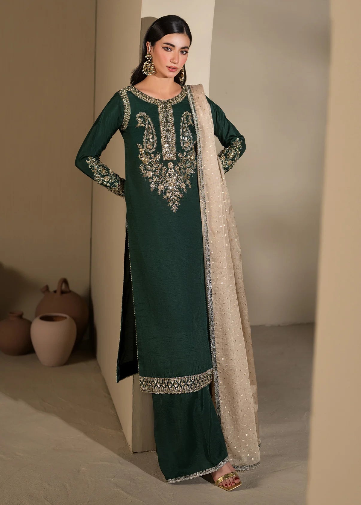 3 pc Long Kurta & Flared Trouser Set with Bindi Chiffon Dupatta – Heavy Embroidery & Embellishment Green Korean Raw Silk