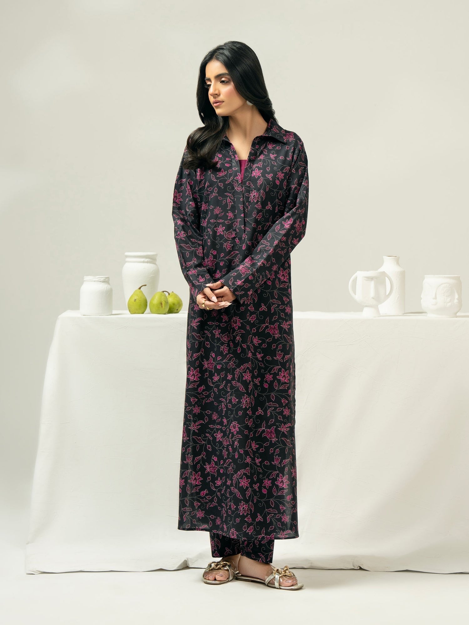 Limelight 2 Piece Set - Black Printed Viscose Cotton Shirt & Narrow-leg Trousers with Elastic Waistband