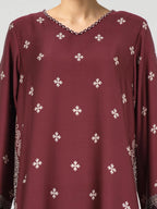 Limelight Maroon Silk 2 Piece Set - Printed Straight-Cut Shirt with V-Neckline & Wide-Leg Trousers with Elastic Waistband