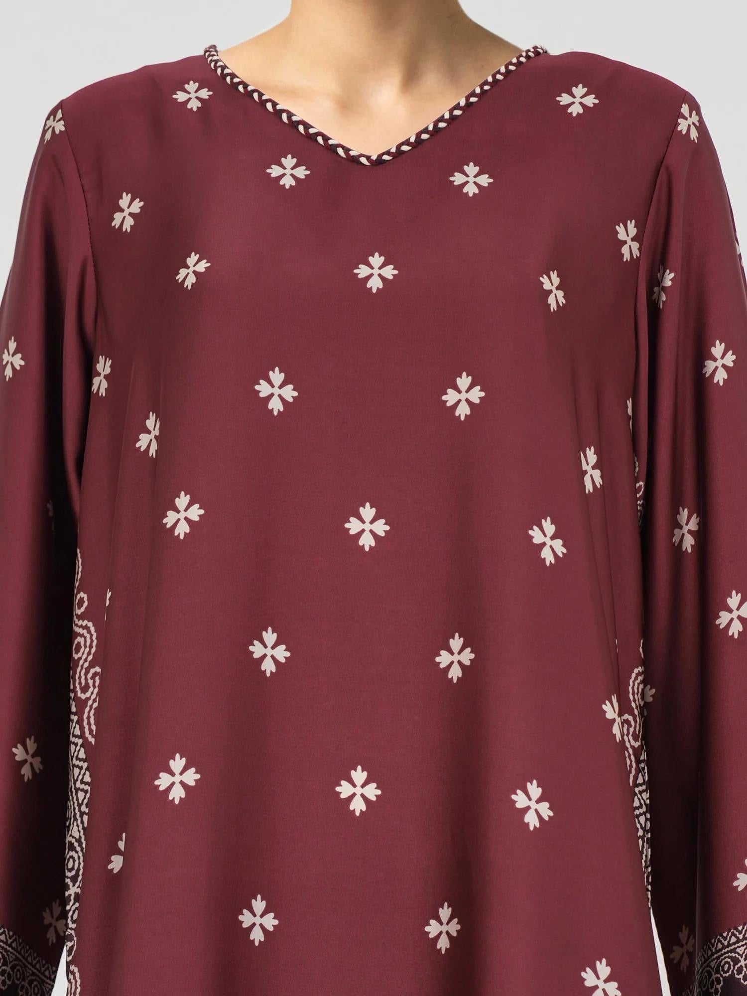 Limelight Maroon Silk 2 Piece Set - Printed Straight-Cut Shirt with V-Neckline & Wide-Leg Trousers with Elastic Waistband