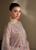Lilac Embroidered 3-Piece Suit – KH Raw Silk Kurta, Flared Trouser & Net Dupatta