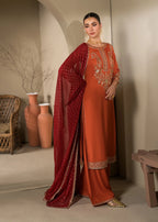 3 pc Long Kurta & Flared Trouser Set with Bindi Chiffon Dupatta – Heavy Embroidery & Embellishment Rust Korean Raw Silk